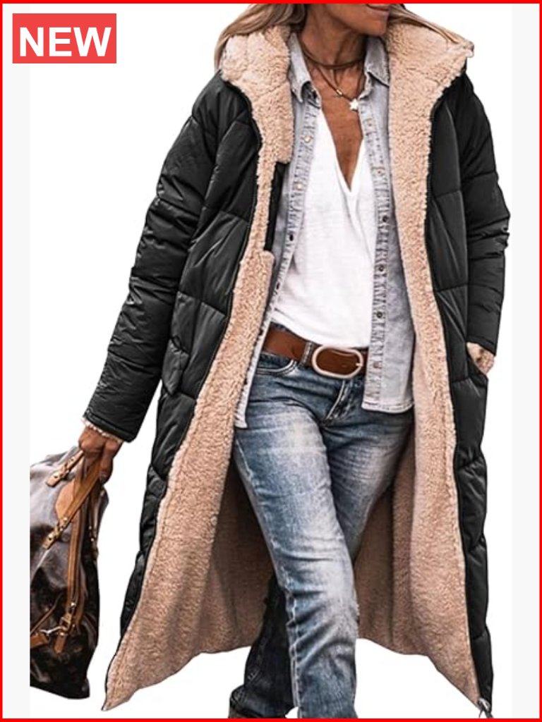 Oversized Shearling Fleece Long Coat Jacket Full Zip Hooded Puffer